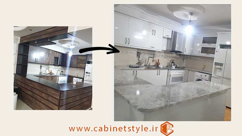 قبل و بعد نصب برچسب کابینت در بابل