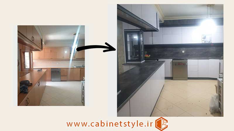قبل و بعد نصب برچسب کابینت در چالوس