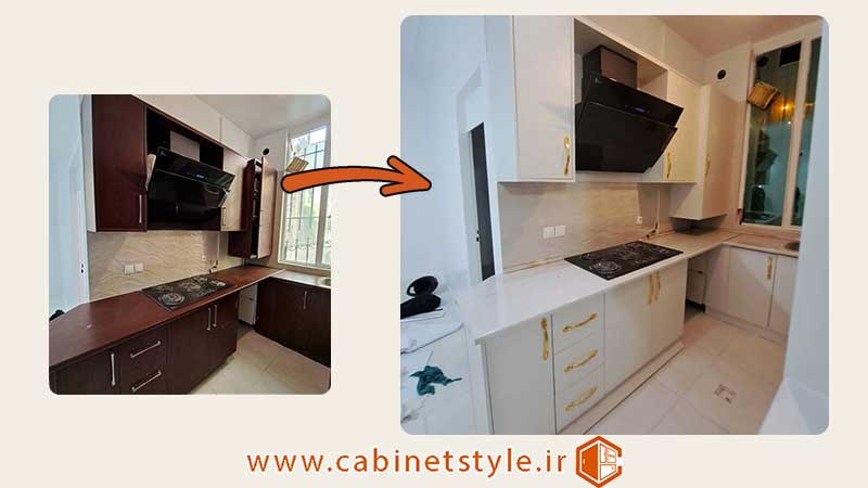 قبل و بعد نصب برچسب کابینت در رشت