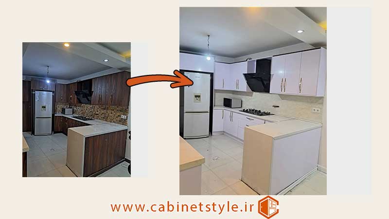 قبل و بعد نصب برچسب کابینت در سمنان