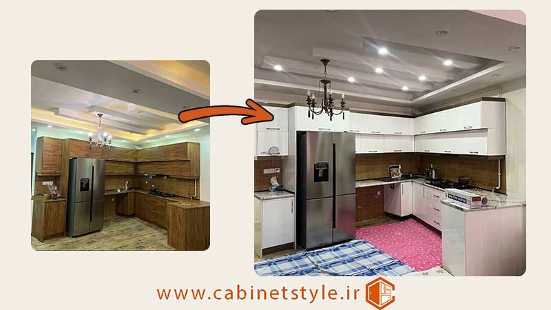 قبل و بعد نصب برچسب کابینت در لاهیجان