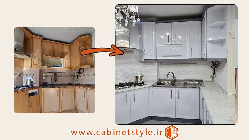 قبل و بعد نصب برچسب کابینت در لنگرود