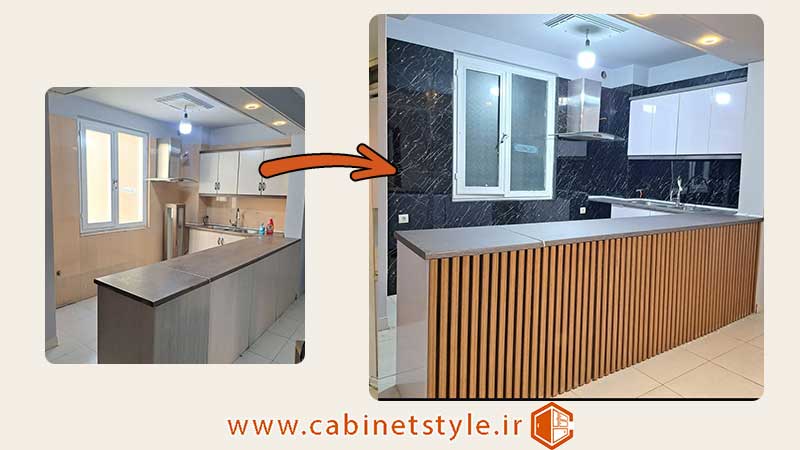 قبل و بعد نصب برچسب کابینت در گرگان